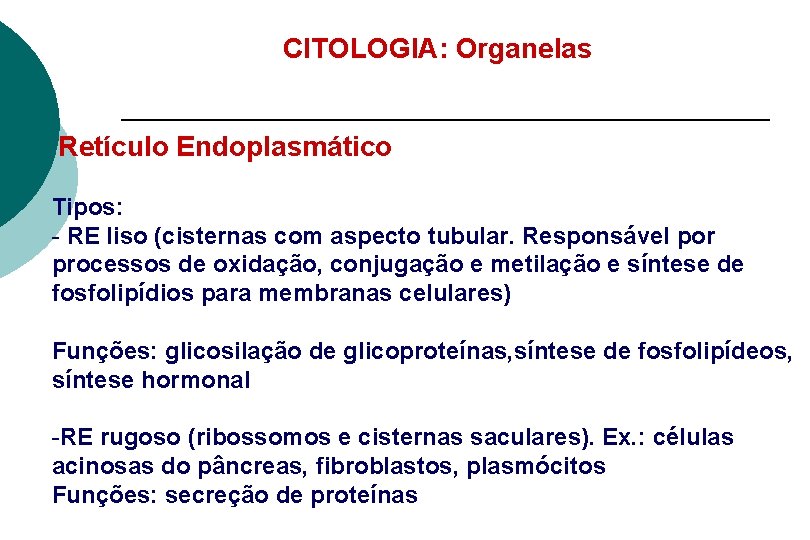 CITOLOGIA: Organelas Retículo Endoplasmático Tipos: - RE liso (cisternas com aspecto tubular. Responsável por