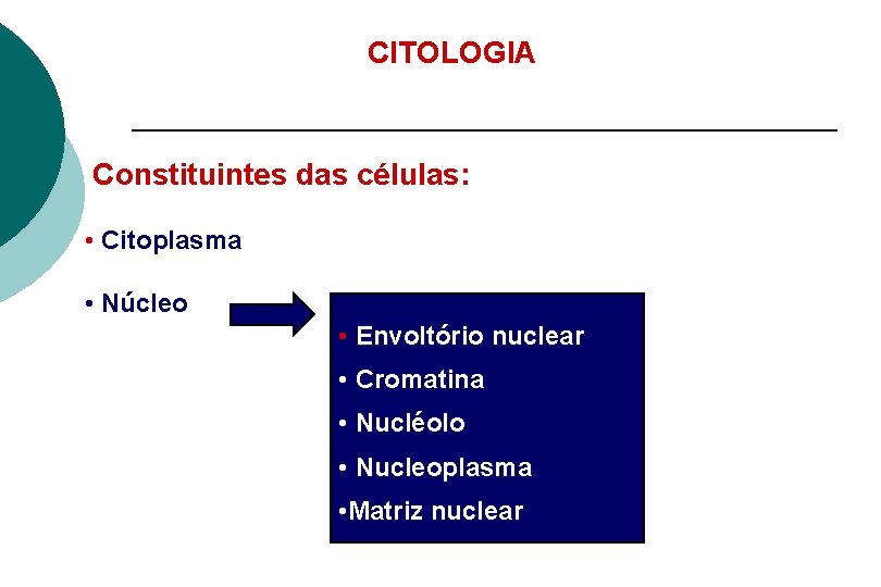 CITOLOGIA Constituintes das células: • Citoplasma • Núcleo • Envoltório nuclear • Cromatina •