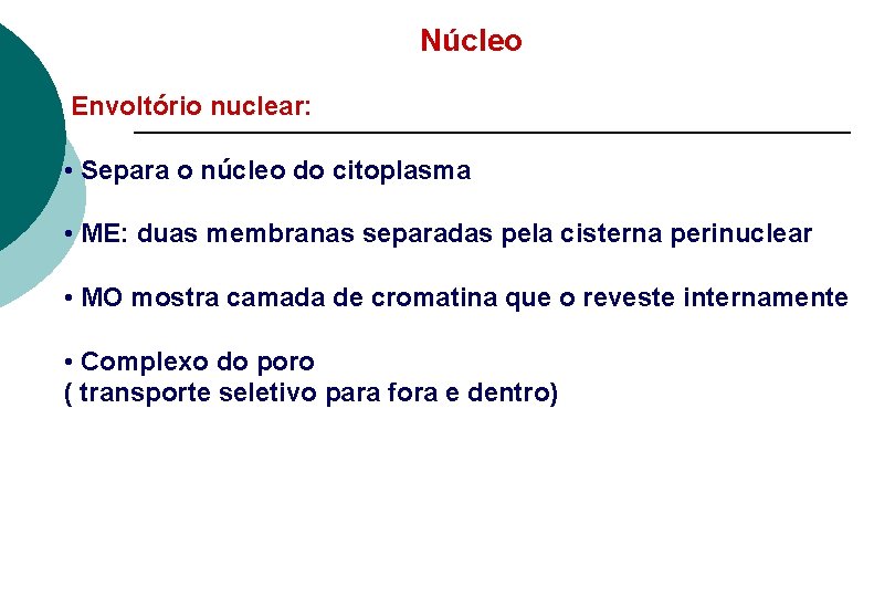 Núcleo Envoltório nuclear: • Separa o núcleo do citoplasma • ME: duas membranas separadas