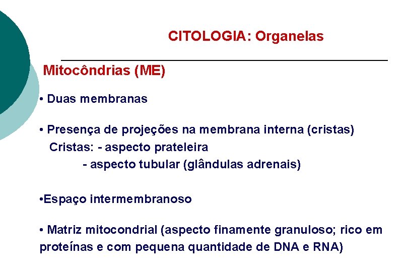 CITOLOGIA: Organelas Mitocôndrias (ME) • Duas membranas • Presença de projeções na membrana interna
