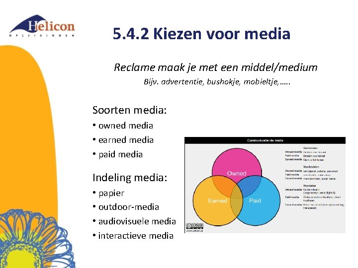 5. 4. 2 Kiezen voor media Reclame maak je met een middel/medium Bijv. advertentie,