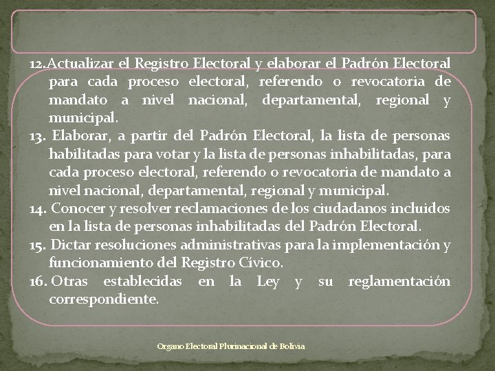 12. Actualizar el Registro Electoral y elaborar el Padrón Electoral para cada proceso electoral,