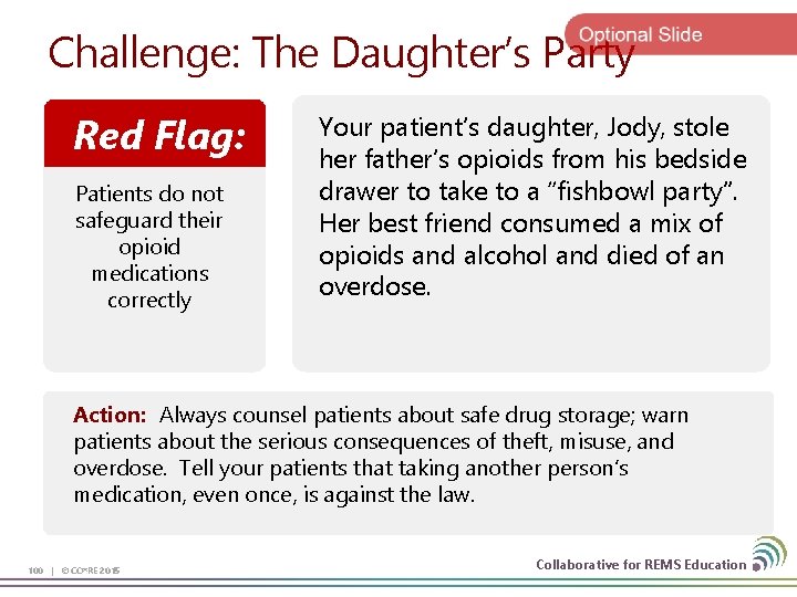 Challenge: The Daughter’s Party Red Flag: Patients do not safeguard their opioid medications correctly