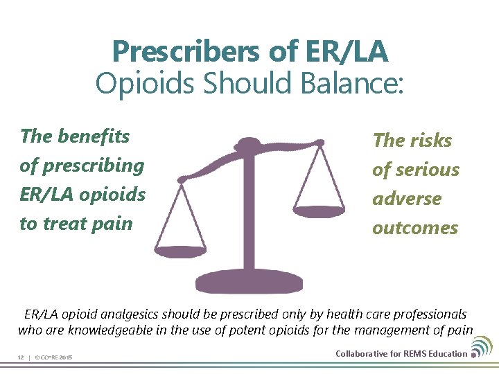 Prescribers of ER/LA Opioids Should Balance: The benefits of prescribing ER/LA opioids to treat