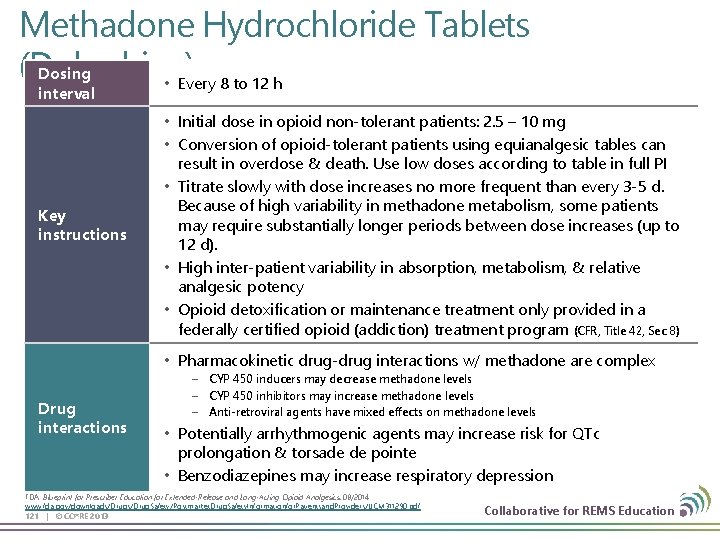 Methadone Hydrochloride Tablets (Dolophine) Dosing • Every 8 to 12 h interval Key instructions