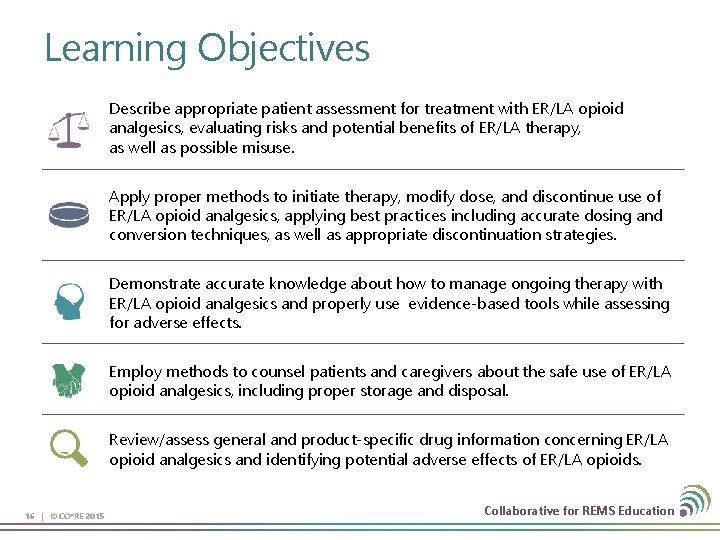 Learning Objectives Describe appropriate patient assessment for treatment with ER/LA opioid analgesics, evaluating risks