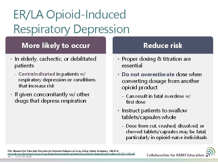 ER/LA Opioid-Induced Respiratory Depression More likely to occur • In elderly, cachectic, or debilitated