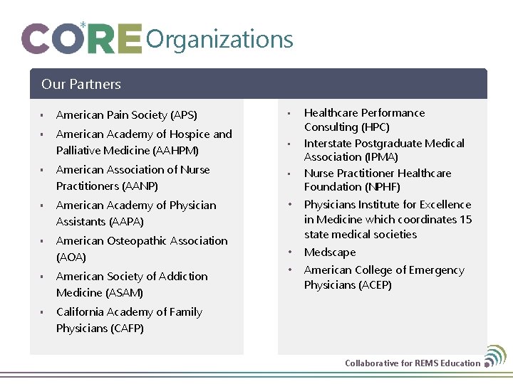 Organizations Our Partners § American Pain Society (APS) • § American Academy of Hospice