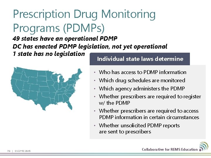 Prescription Drug Monitoring Programs (PDMPs) 49 states have an operational PDMP DC has enacted