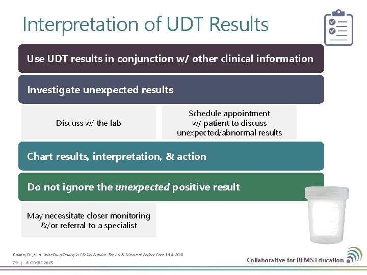 Interpretation of UDT Results Use UDT results in conjunction w/ other clinical information Investigate