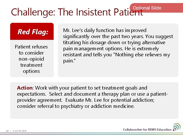 Challenge: The Insistent Patient Red Flag: Patient refuses to consider non-opioid treatment options Mr.