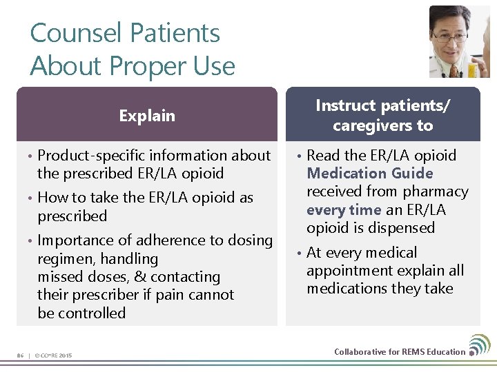 Counsel Patients About Proper Use Explain • Product-specific information about the prescribed ER/LA opioid