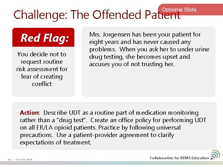Challenge: The Offended Patient Red Flag: You decide not to request routine risk assessment