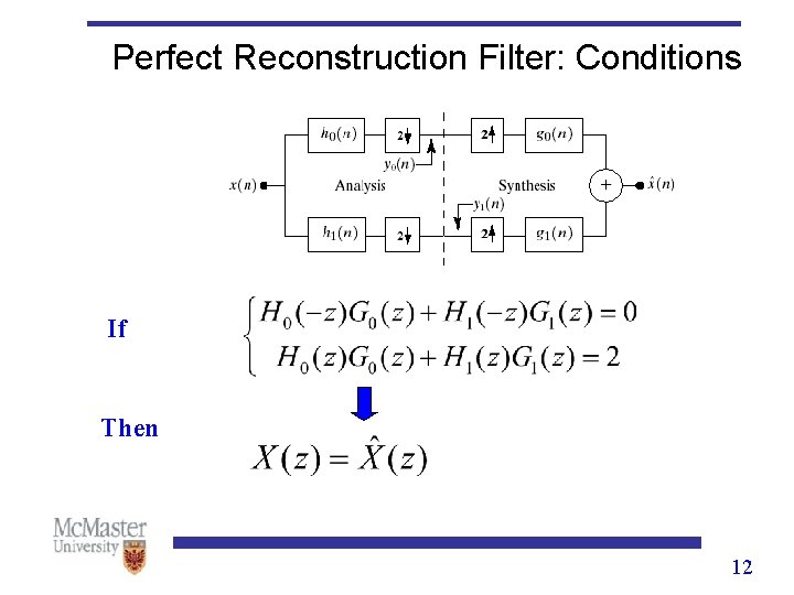 Perfect Reconstruction Filter: Conditions If Then 12 Perfect Reconstruction Filter: Conditions If Then 12