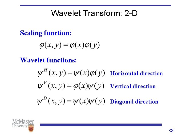 Wavelet Transform: 2 -D Scaling function: Wavelet functions: Horizontal direction Vertical direction Diagonal direction Wavelet Transform: 2 -D Scaling function: Wavelet functions: Horizontal direction Vertical direction Diagonal direction