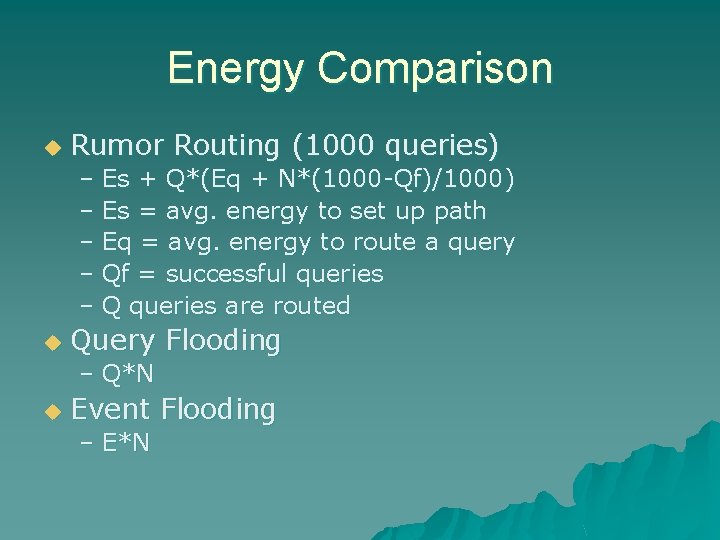 Energy Comparison u Rumor Routing (1000 queries) – Es + Q*(Eq + N*(1000 -Qf)/1000)