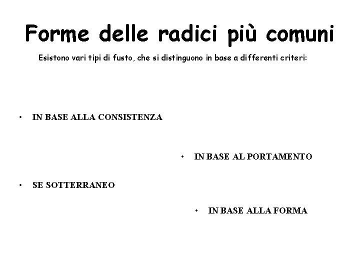 Forme delle radici più comuni Esistono vari tipi di fusto, che si distinguono in