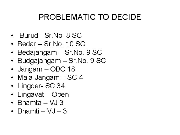 PROBLEMATIC TO DECIDE • • • Burud - Sr. No. 8 SC Bedar –