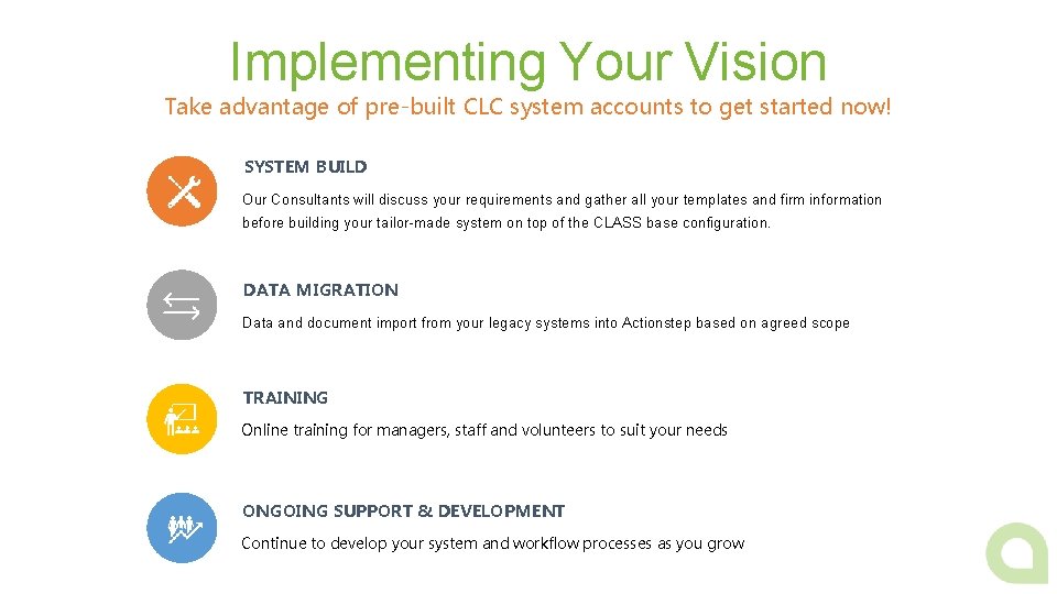 Implementing Your Vision Take advantage of pre-built CLC system accounts to get started now!
