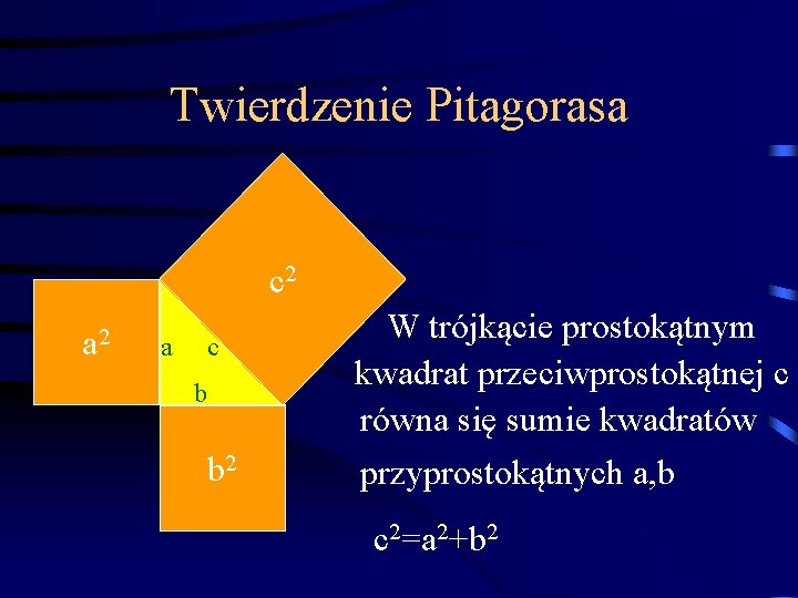 Twierdzenie Pitagorasa c 2 a c b b 2 W trójkącie prostokątnym kwadrat przeciwprostokątnej