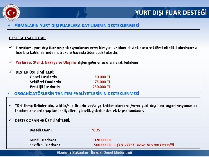 YURT DIŞI FUAR DESTEĞİ § FİRMALARIN YURT DIŞI FUARLARA KATILIMININ DESTEKLENMESİ DESTEĞE ESAS TUTAR