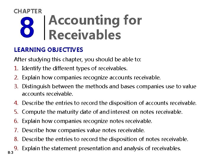 CHAPTER 8 Accounting for Receivables LEARNING OBJECTIVES After studying this chapter, you should be