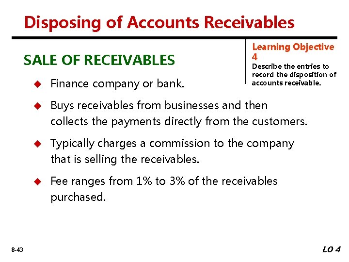 Disposing of Accounts Receivables SALE OF RECEIVABLES Learning Objective 4 Describe the entries to