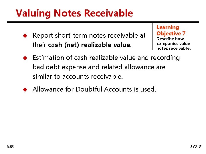 Valuing Notes Receivable 8 -55 Learning Objective 7 u Report short-term notes receivable at