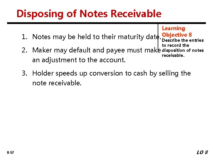 Disposing of Notes Receivable 1. Notes may be held to their maturity 2. Maker