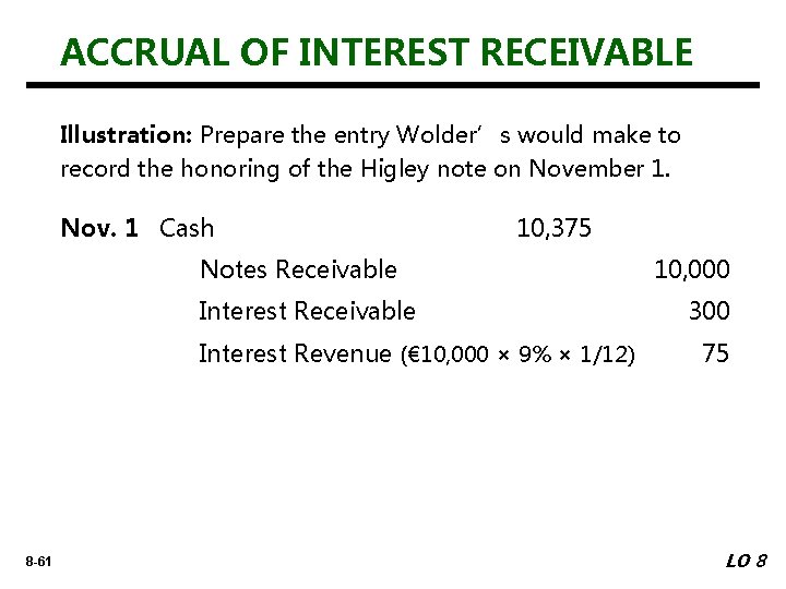 ACCRUAL OF INTEREST RECEIVABLE Illustration: Prepare the entry Wolder’s would make to record the