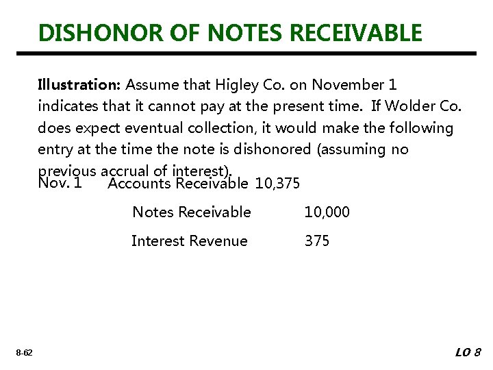 DISHONOR OF NOTES RECEIVABLE Illustration: Assume that Higley Co. on November 1 indicates that