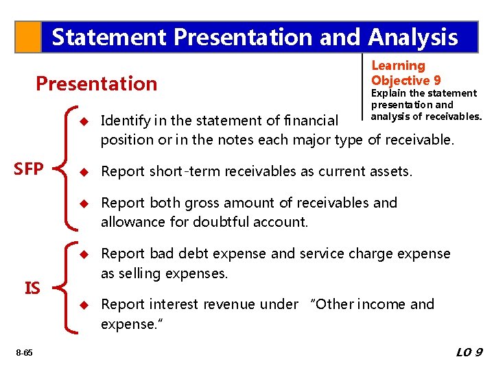 Statement Presentation and Analysis Presentation SFP Explain the statement presentation and analysis of receivables.