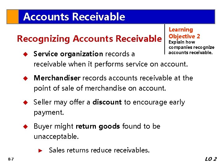 Accounts Receivable Recognizing Accounts Receivable Explain how companies recognize accounts receivable. u Service organization