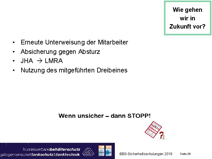 Wie gehen wir in Zukunft vor? • • Erneute Unterweisung der Mitarbeiter Absicherung gegen