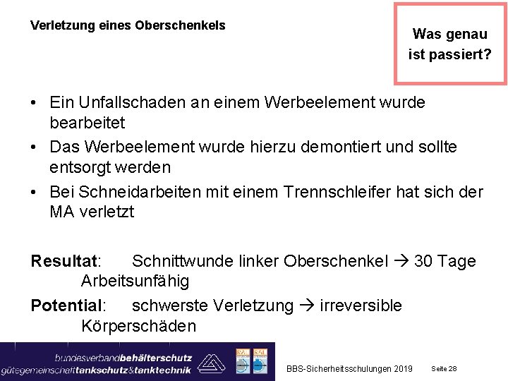 Verletzung eines Oberschenkels Was genau ist passiert? • Ein Unfallschaden an einem Werbeelement wurde