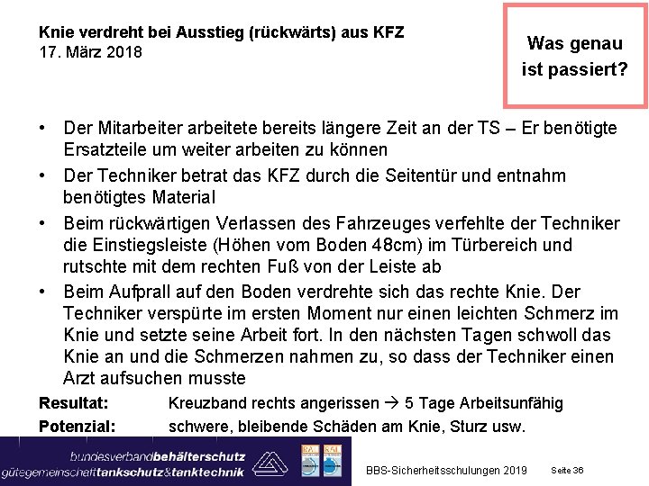 Knie verdreht bei Ausstieg (rückwärts) aus KFZ 17. März 2018 Was genau ist passiert?