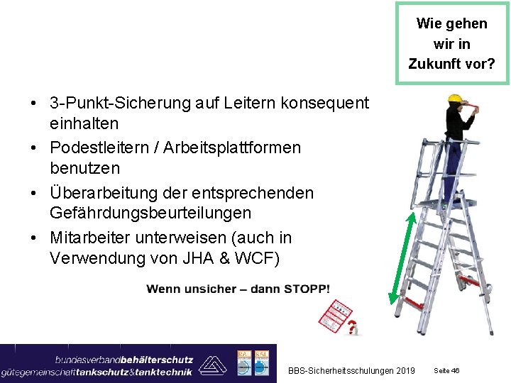 Wie gehen wir in Zukunft vor? • 3 -Punkt-Sicherung auf Leitern konsequent einhalten •