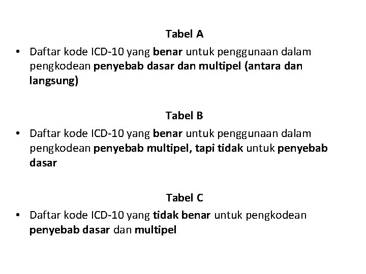 Tabel A • Daftar kode ICD-10 yang benar untuk penggunaan dalam pengkodean penyebab dasar