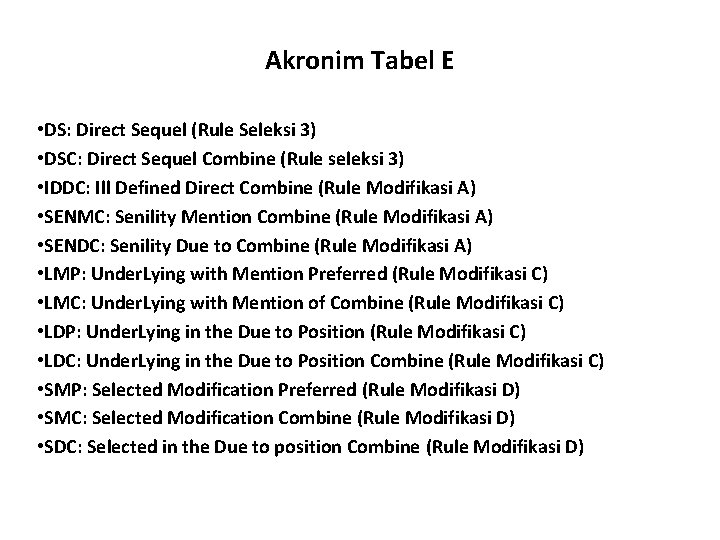 Akronim Tabel E • DS: Direct Sequel (Rule Seleksi 3) • DSC: Direct Sequel