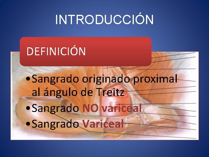 INTRODUCCIÓN DEFINICIÓN • Sangrado originado proximal al ángulo de Treitz • Sangrado NO variceal