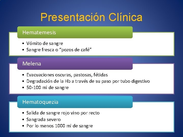 Presentación Clínica Hematemesis • Vómito de sangre • Sangre fresca o “pozos de café”