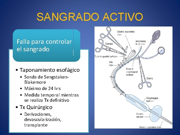 SANGRADO ACTIVO Falla para controlar el sangrado • Taponamiento esofágico • Sonda de Sengstaken.