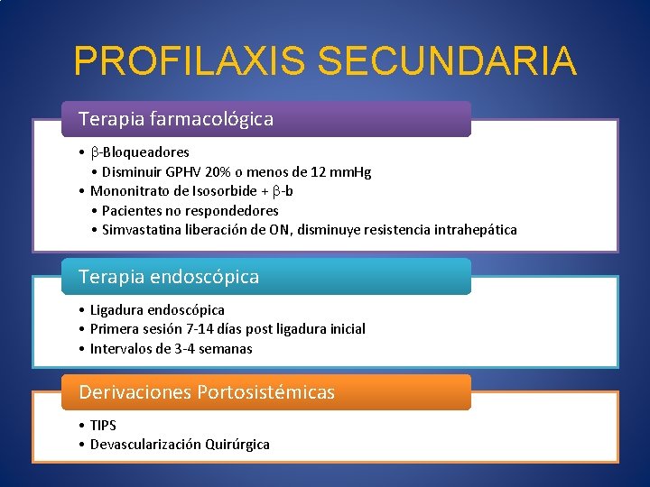 PROFILAXIS SECUNDARIA Terapia farmacológica • -Bloqueadores • Disminuir GPHV 20% o menos de 12