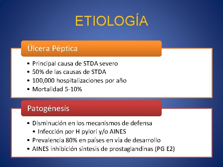 ETIOLOGÍA Úlcera Péptica • • Principal causa de STDA severo 50% de las causas