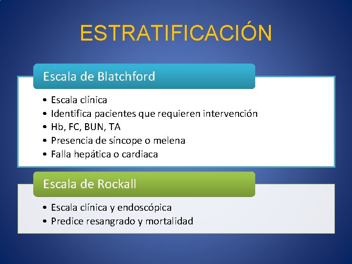 ESTRATIFICACIÓN Escala de Blatchford • • • Escala clínica Identifica pacientes que requieren intervención