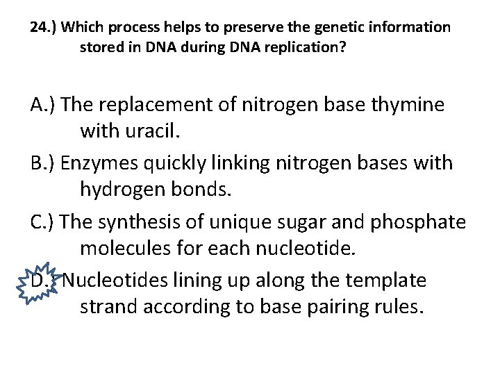 24. ) Which process helps to preserve the genetic information stored in DNA during