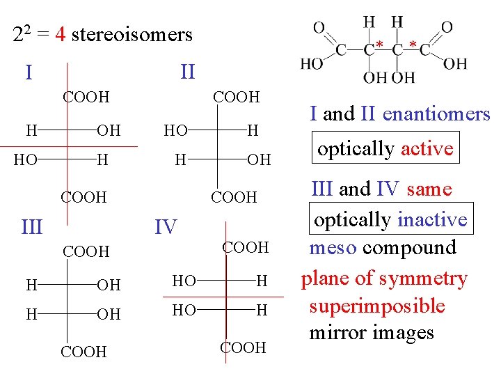 22 = 4 stereoisomers COOH HO * II I H * OH H COOH