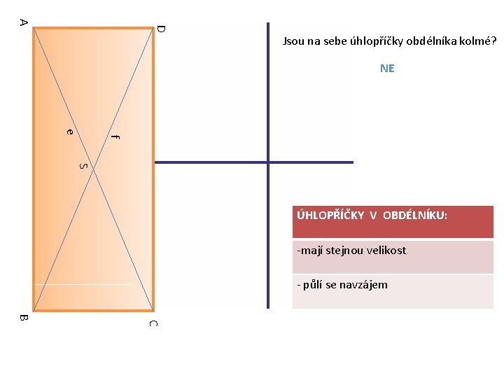 D A Jsou na sebe úhlopříčky obdélníka kolmé? NE f e S ÚHLOPŘÍČKY V