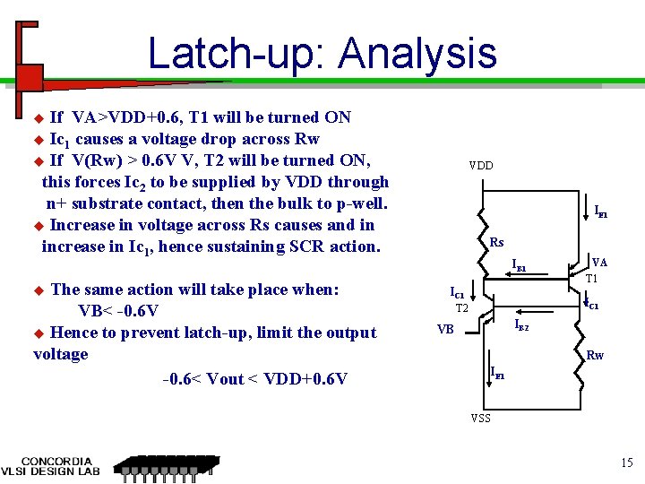 Latch-up: Analysis If VA>VDD+0. 6, T 1 will be turned ON u Ic 1