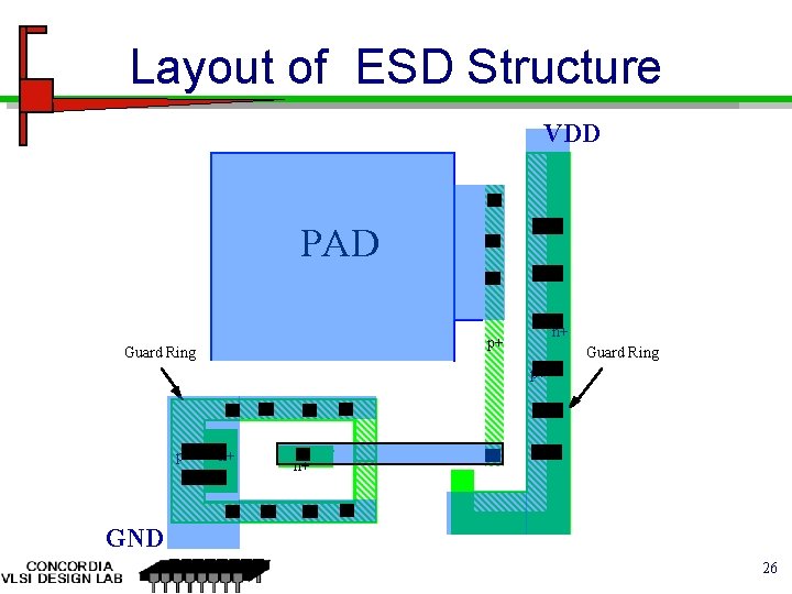 Layout of ESD Structure VDD PAD n+ p+ Guard Ring p+ p+ n+ n+